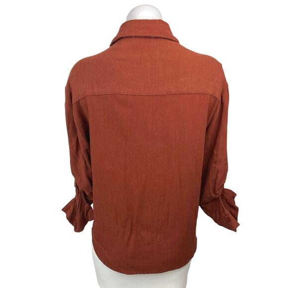 Seven Wonders Rust Brown Linen Roll Tab Sleeve Button Down Shirt Top Size XS/2 - Picture 2 of 4